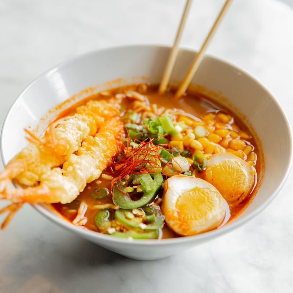 Miso ramen bowl with tempura shrimp, soft-boiled eggs, corn, green onions, and chili threads.